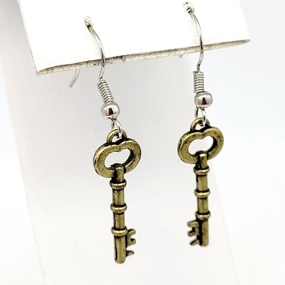 Artisan Key Charm Drop Dangle Earrings Silver & Brass Tones 1 3/4" Handmade New
